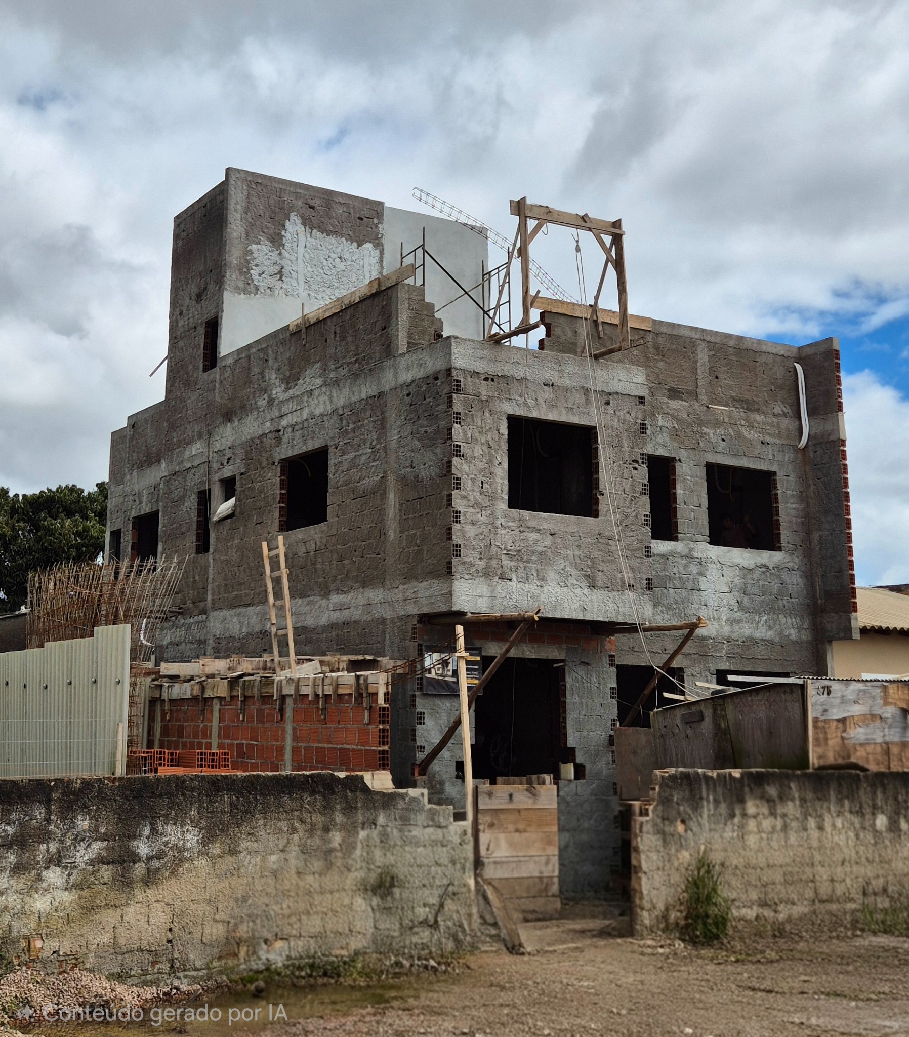 Fotografia atual da construção do 3V Residencial, mostrando a edificação em alvenaria e concreto ainda sem acabamentos finais