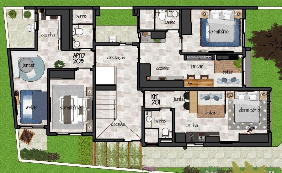 Planta baixa humanizada do primeiro pavimento do 3V Residencial, com apartamentos e circulação central